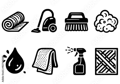 Linear black icons: cleaning tools and equipment collection