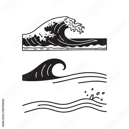 Black and white vector icons of ocean waves in various vintage styles.