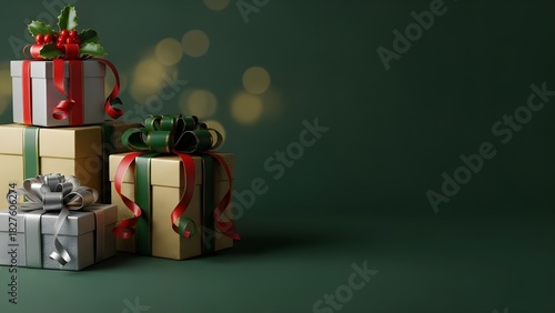 A festive Christmas-themed green background featuring two or three neatly arranged holiday gifts placed in the corner