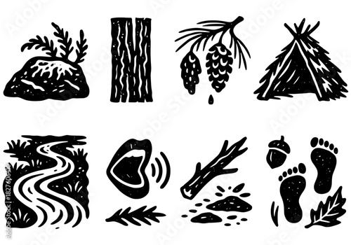 Hand-drawn wilderness elements: nature icons featuring tents, trails, and trees
