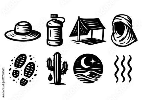 Desert adventure icons: camping, hiking, and survival essentials in black and white