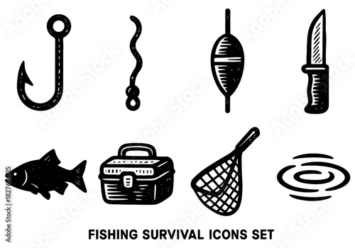 Fishing gear essentials: hand drawn survival icons set for anglers