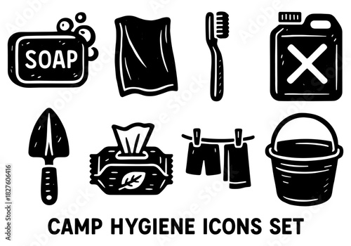 Camping hygiene essentials: minimalist black and white icon set for outdoor adventures