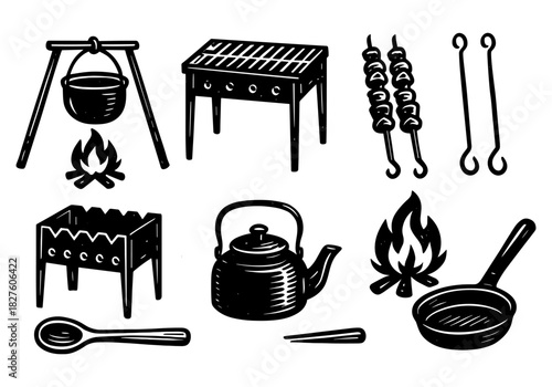 Rustic outdoor cooking elements featuring barbecue grills and camping tools in sketch style