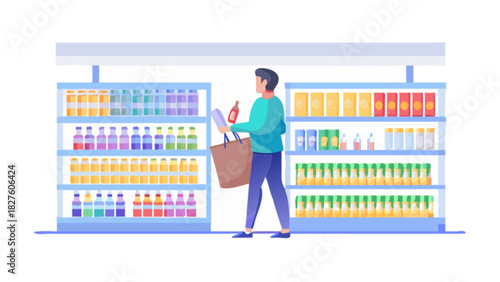 Man shopping for groceries at supermarket buying food and drinks in the grocery store aisle vector art