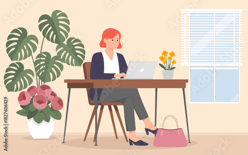 A stylish depiction of a woman focused on her laptop in a contemporary office, surrounded by plants and bright decor, symbolizing productivity and modern work-life balance.