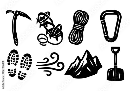 Adventure icons: essential climbing and hiking gear in bold black silhouette
