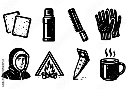 Monochrome camping icons set: essential gear for outdoor adventures
