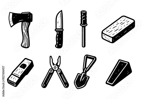 Hand drawn survival gear: axes, knives, and tools for outdoor adventures