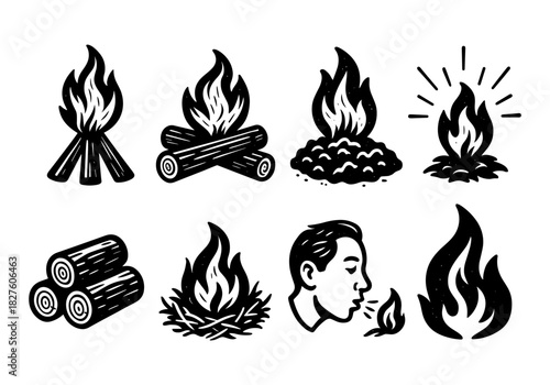 Hand drawn fire and wood icons collection for camping and survival themes