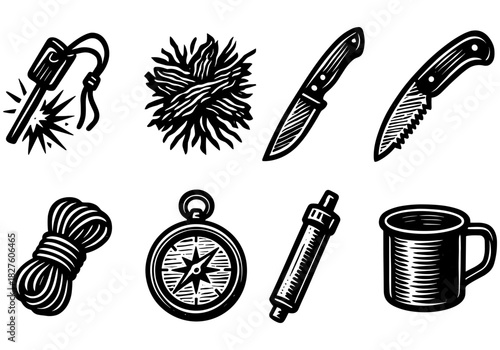 Vintage camping gear icons: knife, compass, cup, and more