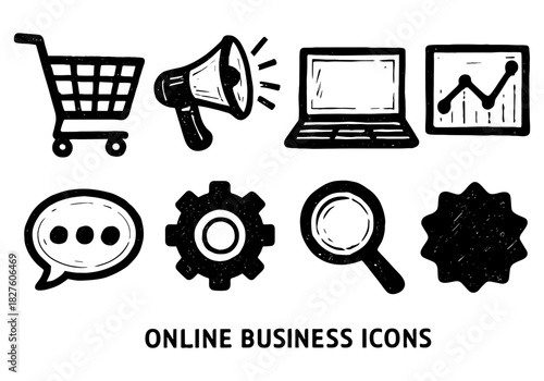 Hand drawn business icons set: shopping cart, megaphone, laptop, chart, chat, gear, magnifying glass, badge