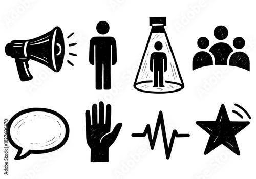 Hand-drawn icon set: megaphone, speech bubble, human figures, star, hand, heartbeat