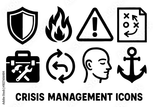 Crisis management icons set with bold symbols for safety and strategy