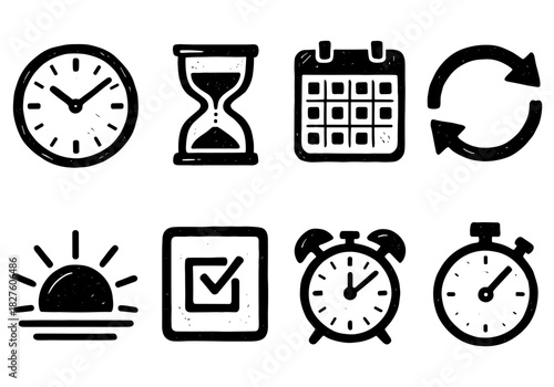 Hand drawn time management icons: clock, hourglass, calendar, checklist, alarm, refresh
