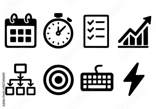 Business and productivity icons in black and white