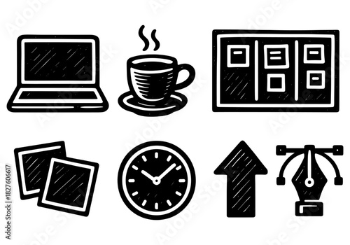 Hand-drawn office icons set with laptop, coffee, and creative tools