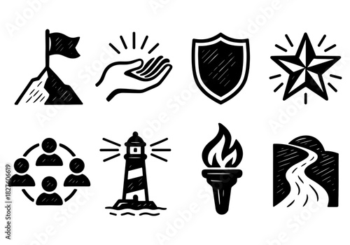 Set of hand drawn icons featuring torch, lighthouse, and shield symbols in black