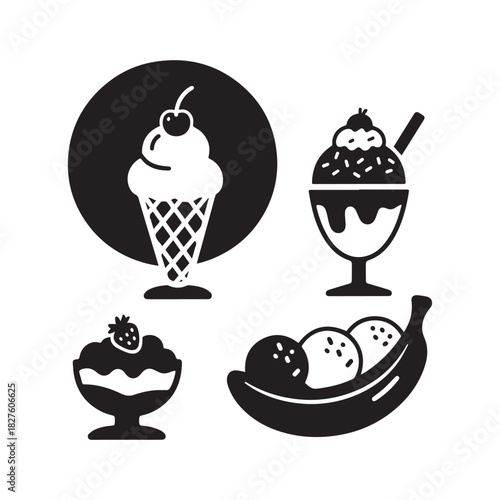 Black and white vector icons of various cold sweet ice cream desserts.