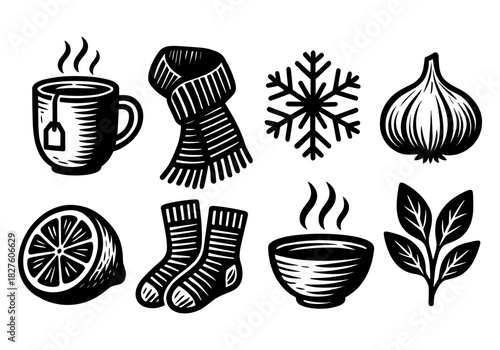 Cozy winter essentials: hand drawn icons of hot drinks, warm clothing, and seasonal elements