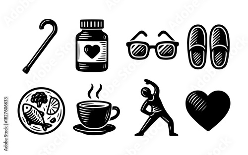 Healthy living icons: exercise, nutrition, and relaxation in hand-drawn style