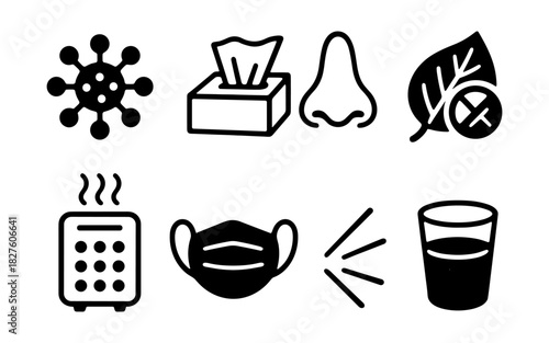 Health and wellness icons: virus prevention and self-care symbols in black linear style
