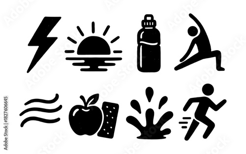 Active lifestyle icons: fitness, yoga, nutrition, hydration in bold silhouette style