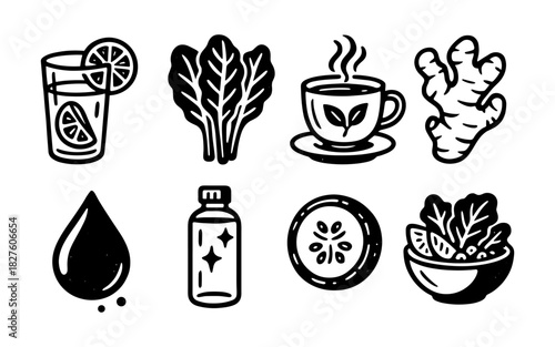 Healthy lifestyle elements in black and white hand drawn style
