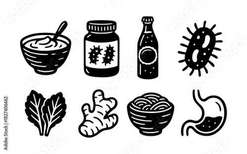 Probiotic food icons collection featuring yogurt, fermented foods, and gut health symbols