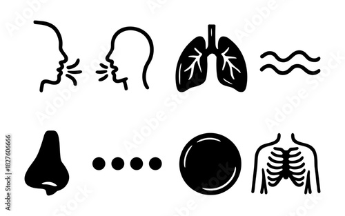 Essential respiratory elements: icons of breathing, lungs, and anatomy in silhouette style