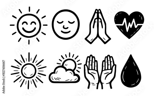 Hand-drawn icons: sun, meditation, prayer, heartbeat, weather, and wellness symbols