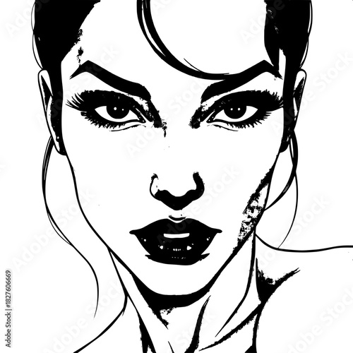 A graphic novel–style portrait of a woman with long eyelashes and dark lips, drawn with stark lighting that casts dramatic highlights across her face, accentuating the contours of her high cheekbones 