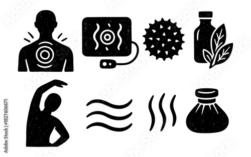 Holistic pain relief: icon set for therapy and relaxation techniques