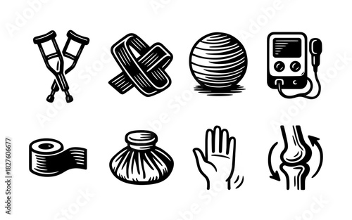 Monochrome medical icons set for rehabilitation and therapy concepts