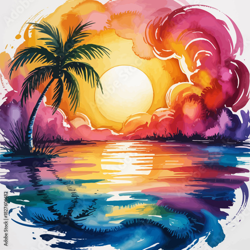 A stunning watercolor artwork depicting a vibrant sunset over calm waters, where vivid colors blend beautifully to reflect nature's tranquility and beauty at dusk.