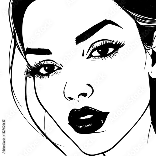 A graphic novel–style portrait of a woman with long eyelashes and dark lips, drawn with stark lighting that casts dramatic highlights across her face, accentuating the contours of her high cheekbones 