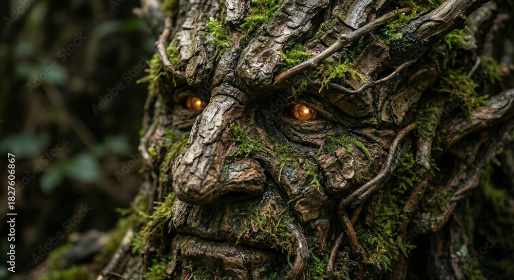 Obraz premium Leshy forest spirit face made of bark and moss