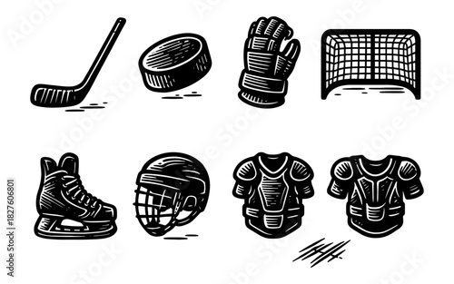 Vintage hockey gear: hand-drawn set with stick, puck, and protective equipment