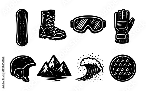 Winter sports icons set: snowboard, gear, and nature elements in bold style
