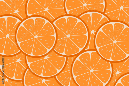 A seamless pattern filled with orange slices on a bright orange background. Ideal for juice packaging, summer-themed designs, textiles, fresh fruit branding, and vibrant graphic decoration.