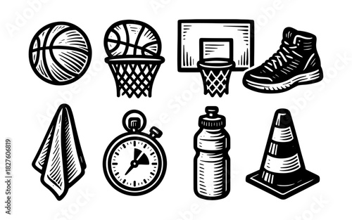 Basketball equipment set: hand-drawn icons featuring sports gear, hoop, and stopwatch