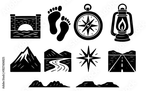 Adventure icons collection: silhouette camping, hiking, travel symbols