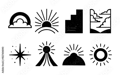 Minimalist vintage boho sun and nature icons in black and white