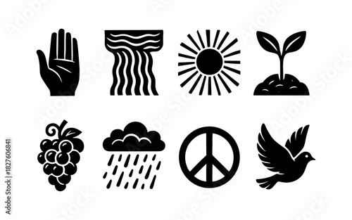 Black silhouette icons of nature and peace elements