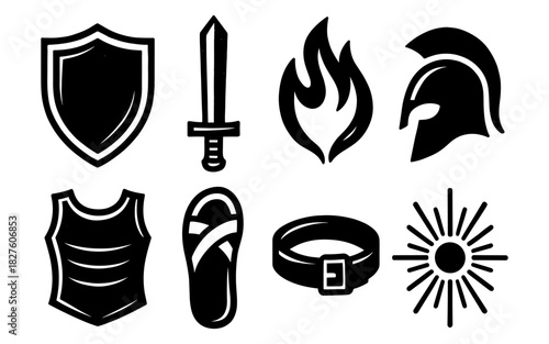 Ancient warfare icons: shield, sword, fire, helmet, armor, sandal, belt, sunburst