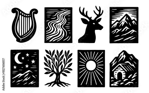 Rustic nature icons: harp, deer, and mountains in bold black and white style