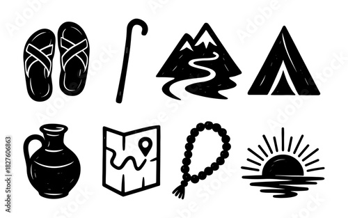 Monochrome pilgrimage symbols set: sandals, cane, mountains, tent, jug, map, rosary, sunset