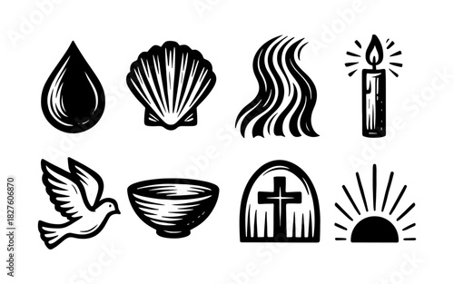 Symbols of faith and nature: dove, shell, candle, and more in bold black and white design