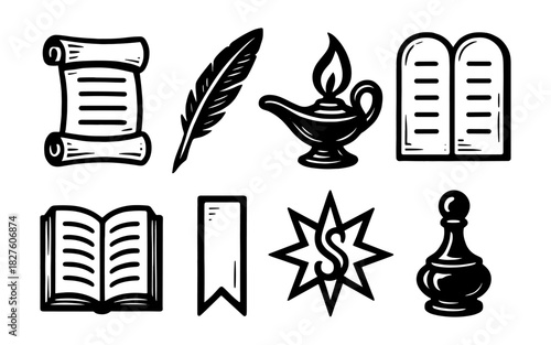 Vintage icon set: scroll, quill, lamp, tablets, book, bookmark, starburst, chess pawn
