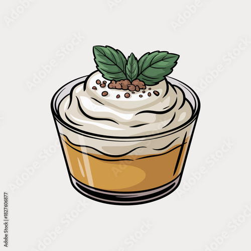 A delectable dessert served in a glass, topped with creamy whipped cream and fresh mint leaves, offers a delightful treat that tantalizes taste buds and pleases the senses.